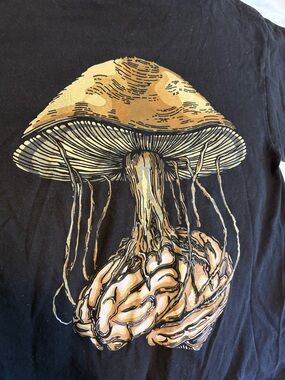 Alstyle Black Short Sleeve Tee with Yellow Mushroom Graphic